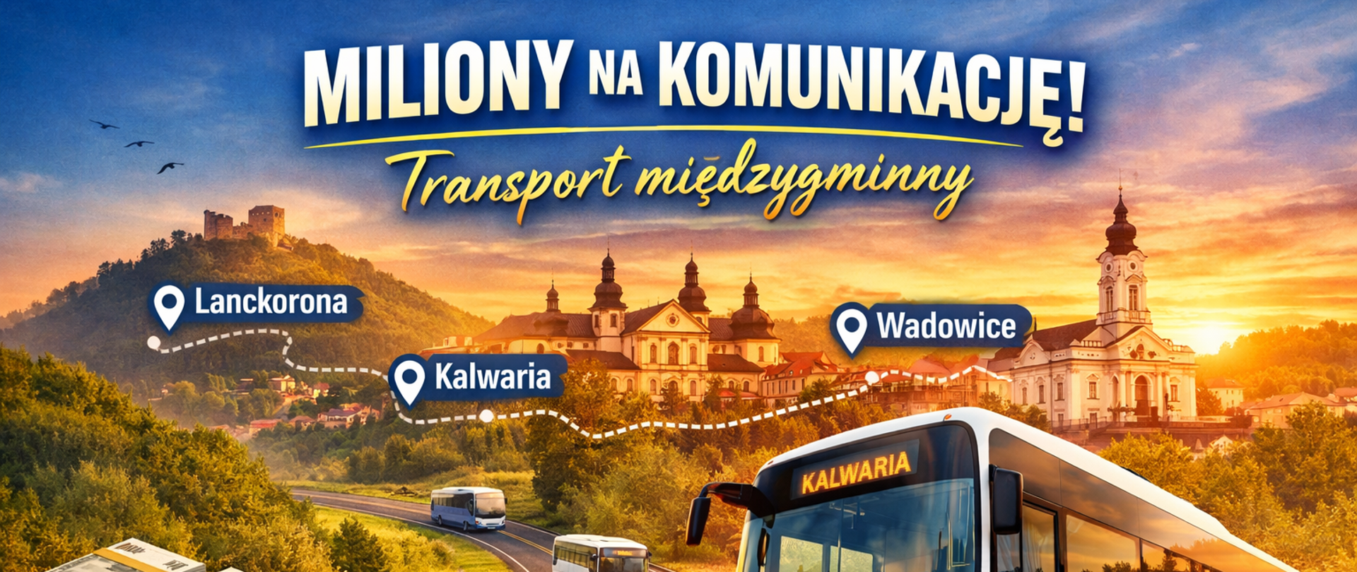 Grafika promocyjna przedstawiająca autobus komunikacji publicznej jadący krętą drogą przez krajobraz gminny o zachodzie słońca. Na trasie zaznaczono połączenie między miejscowościami Lanckorona, Kalwaria i Wadowice. W tle widoczna zabudowa Kalwarii Zebrzydowskiej oraz wzgórza, a na pierwszym planie stosy polskich banknotów symbolizujące środki finansowe na transport międzygminny. U góry grafiki napis „Miliony na komunikację! Transport międzygminny”.