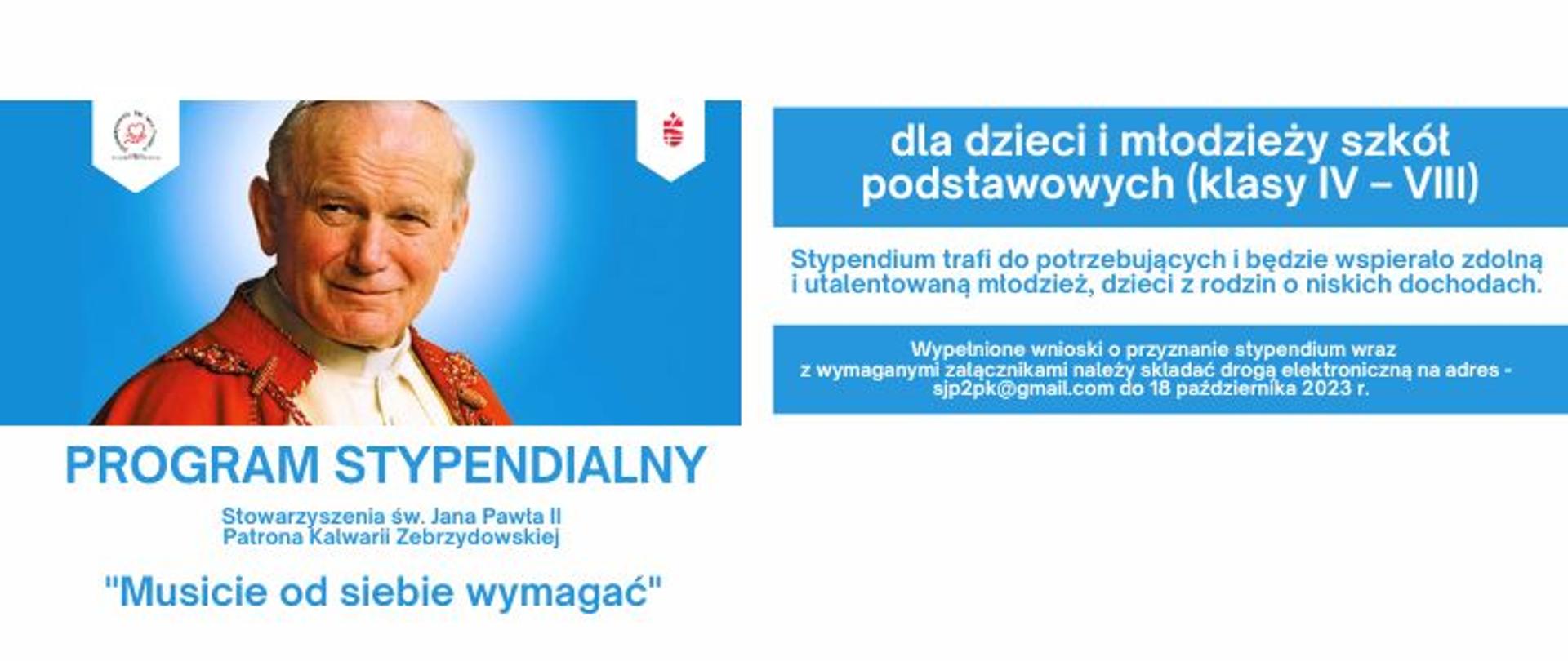 Baner – fotografia Jana Pawła II, logotypy, informacja o stypendium