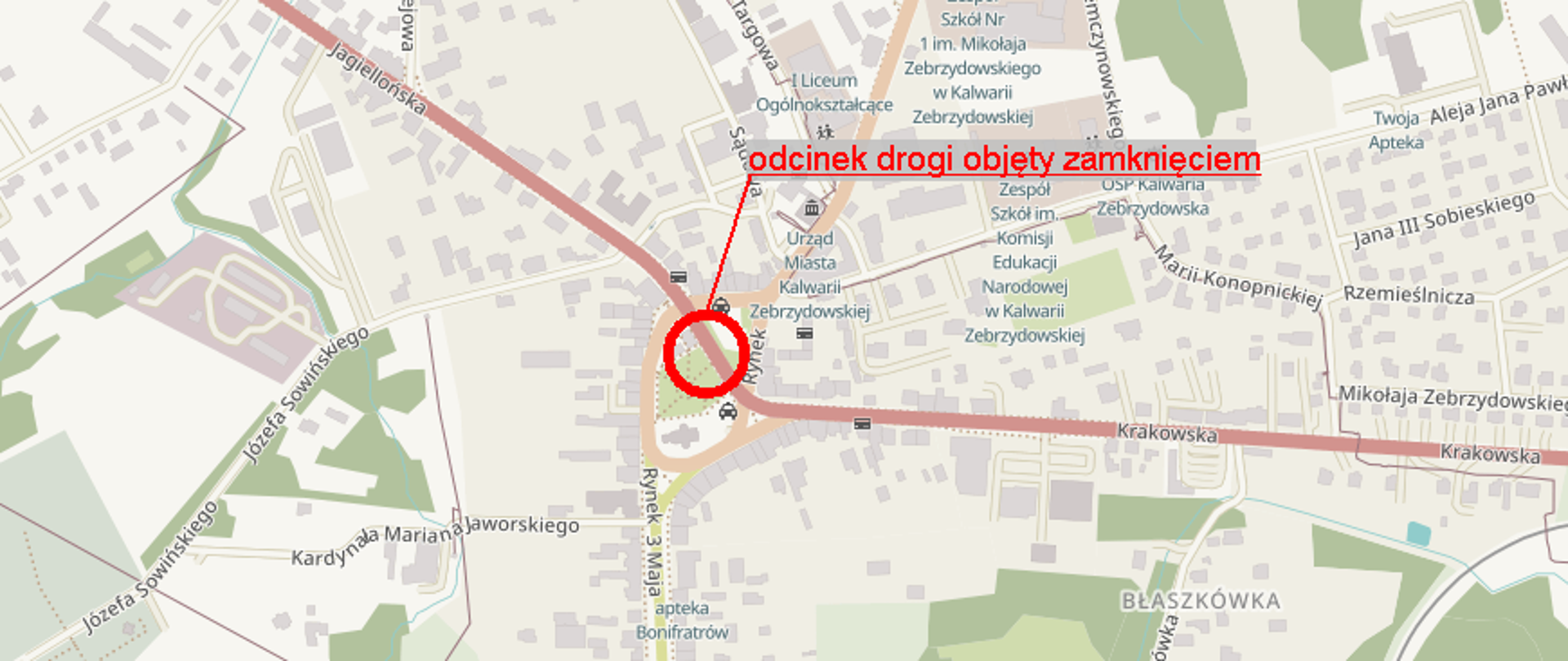 Mapka z zaznaczonym fragmentem zamkniętej drogi