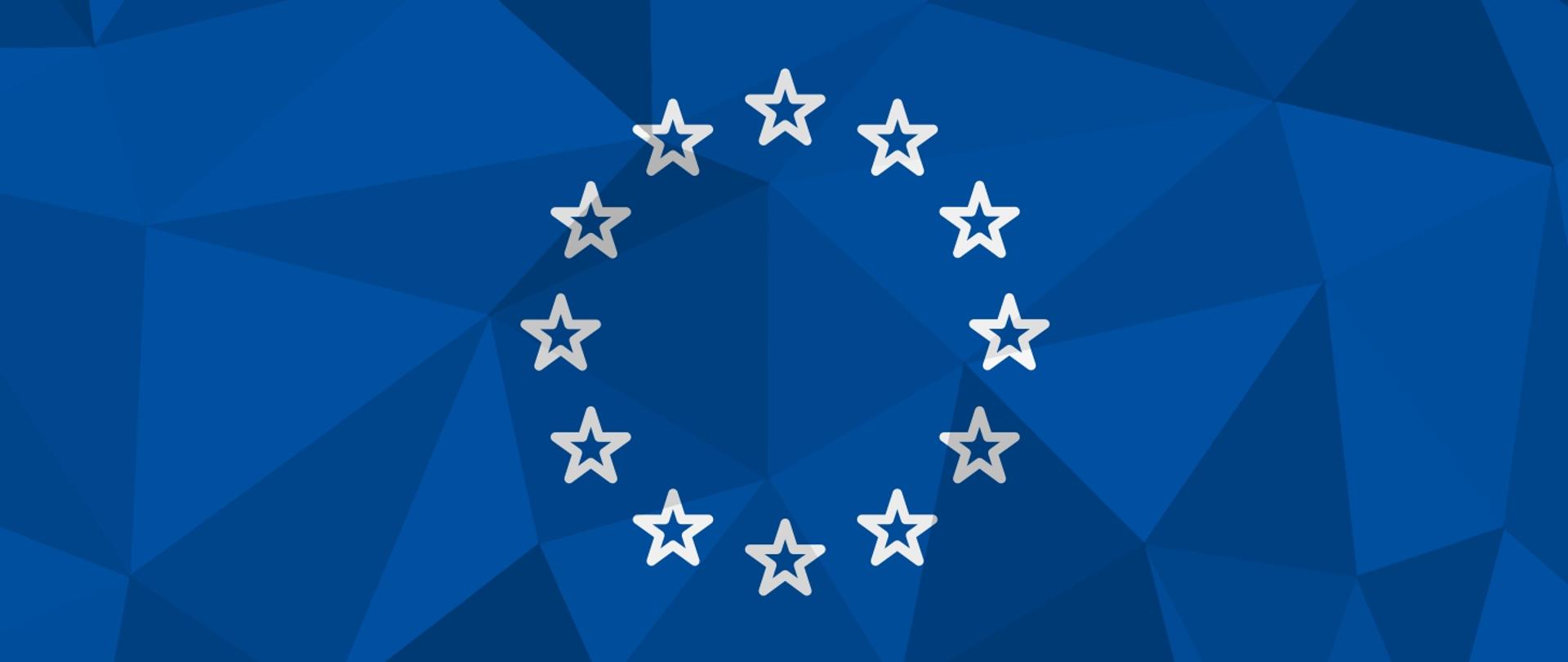 Grafika przedstawia białą dwunastu gwiazd tworzących okrąg na tle złożonym z trójkątów w odcieniach koloru niebieskiego.