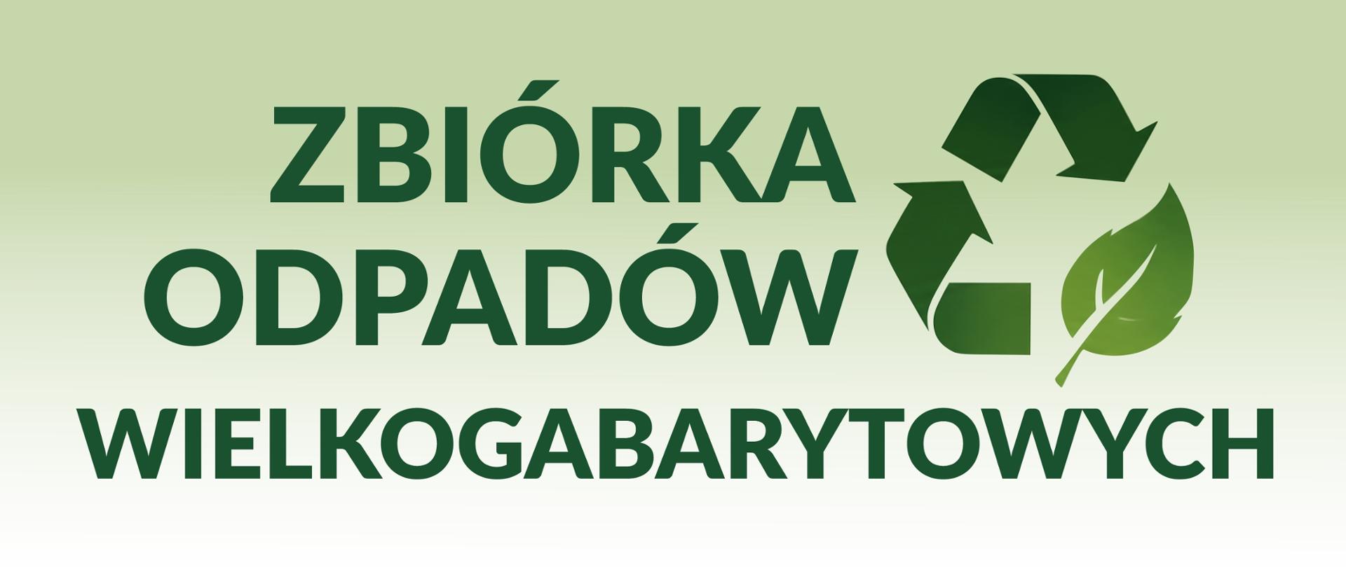 Baner w zielonych odzieniach z napisem zbiórka odpadów wielkogabarytowych, po prawej grafika recyklingu z liściem.