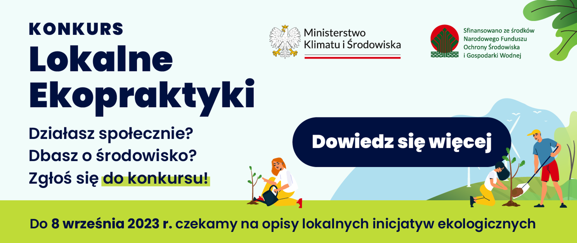 Plakat, na którym znajdują się informacje dotyczące konkursu oraz animacje, na której widnieją ludzie sadzący drzewa.