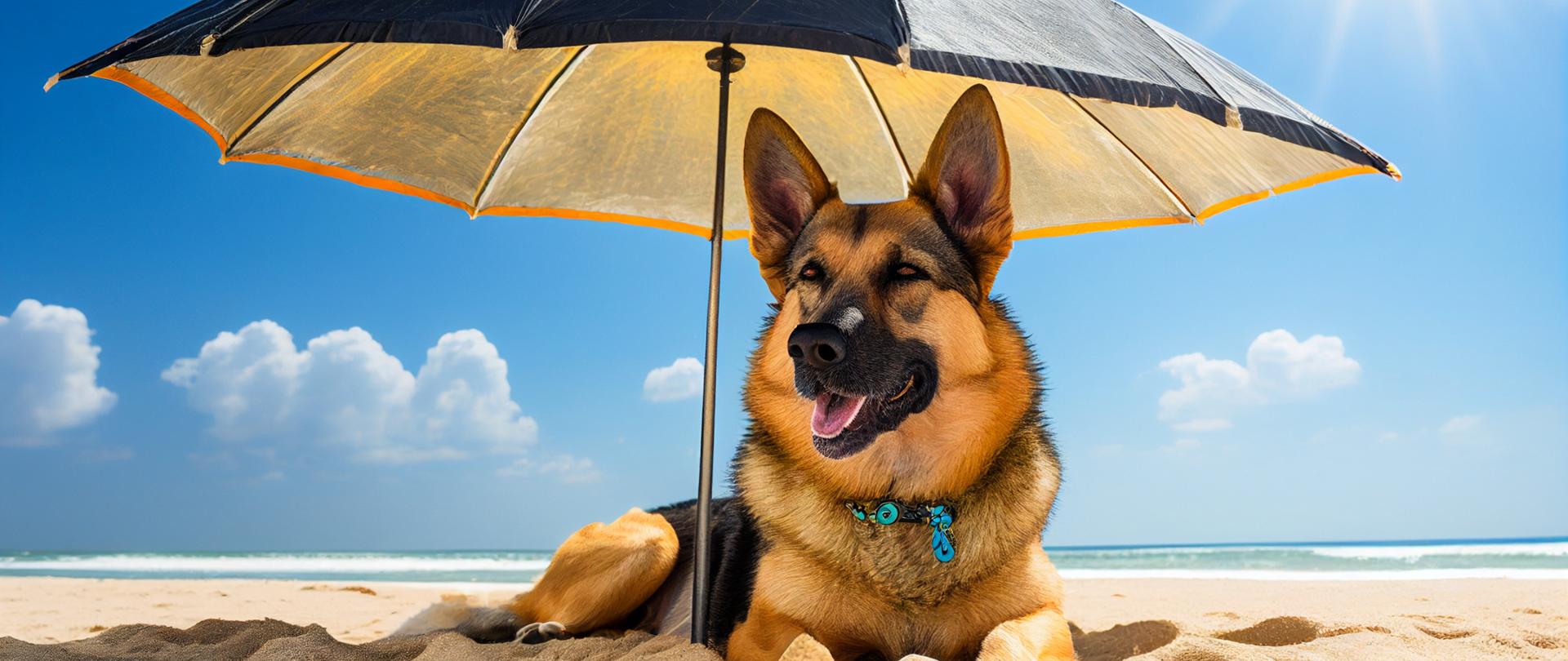 Zbliżenie na psa leżącego na piasku z czarnym parasolem. generatywna sztuczna inteligencja.