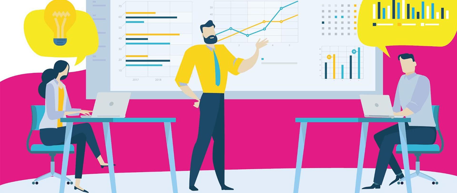 Ilustracja przedstawiająca trzy osoby podczas spotkania biznesowego. Mężczyzna przy tablicy omawia wykresy, a kobieta i mężczyzna siedzą przy biurkach z laptopami. W tle widoczne są dane i diagramy.
