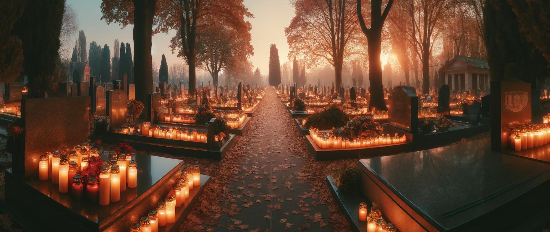 Cmentarz o zmierzchu z zapalonymi zniczami i jesiennymi liśćmi.