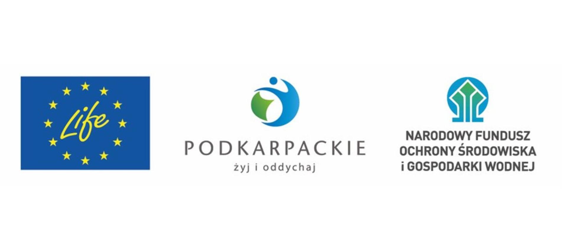 Na białym tle logotyp LIFE, Podkarpackie - żyj i oddychaj oraz Narodowego Funduszu Środowiska i Gospodarki Wodnej 