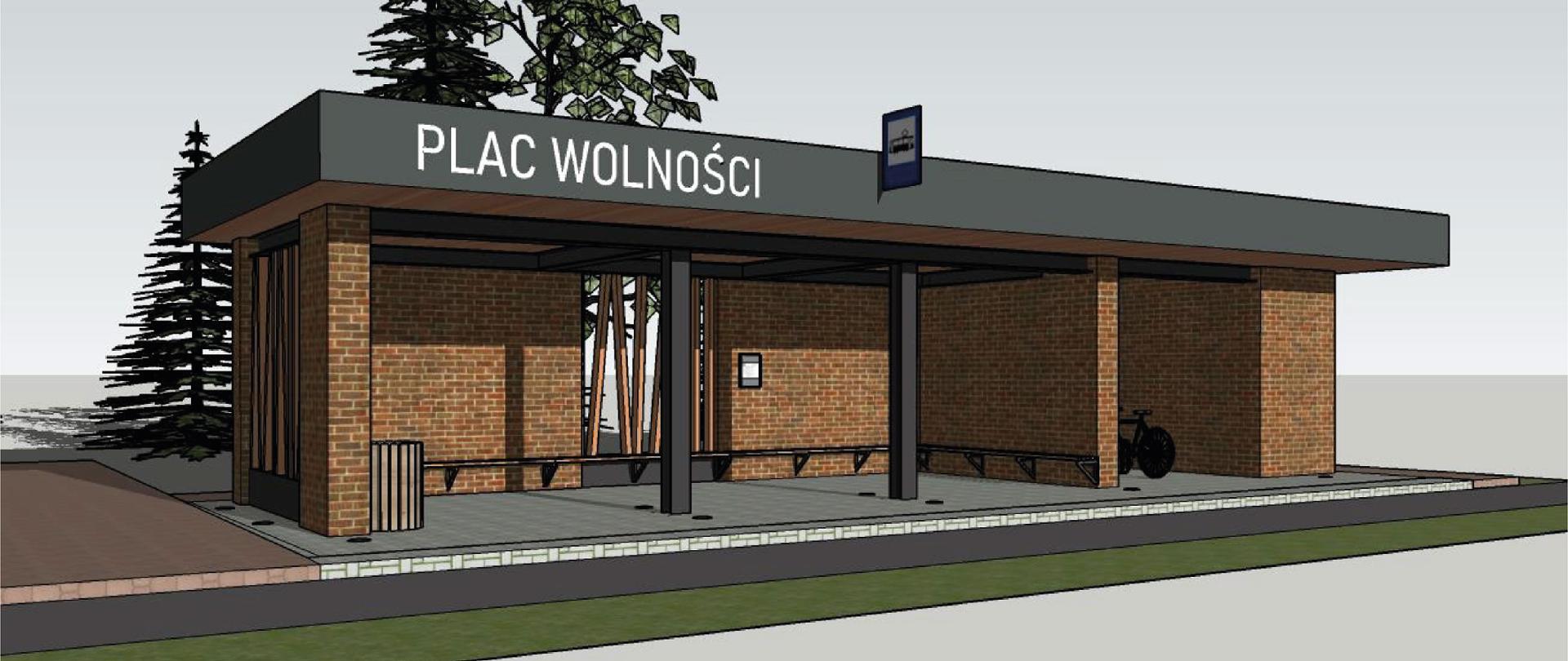 Wizualizacja z programu do projektowania architektury. Na pierwszym planie wiata przystankowa z czerwonej cegły. w środku ławeczki do siedzenia. Na dachu budynku napis Plac Wolności. Z tyłu kilka drzew.