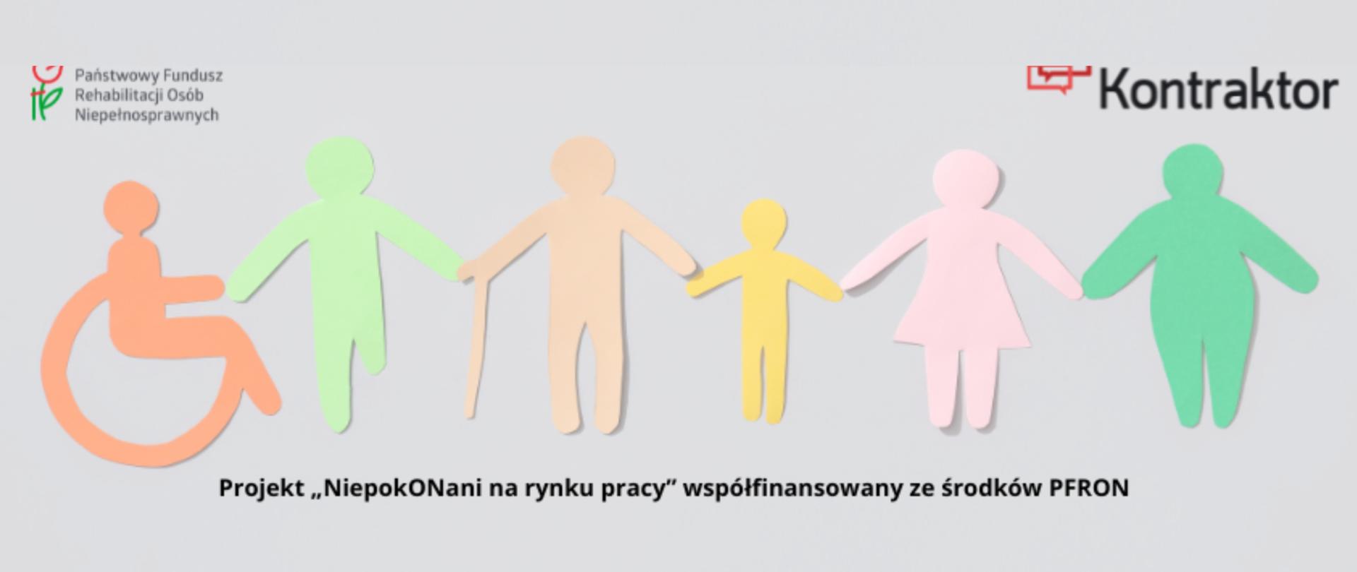 Wycięte kolorowe ludziki z papieru, symbolizujące osoby niepełnosprawne, na szarym tle. Dołem nazwa projektu.