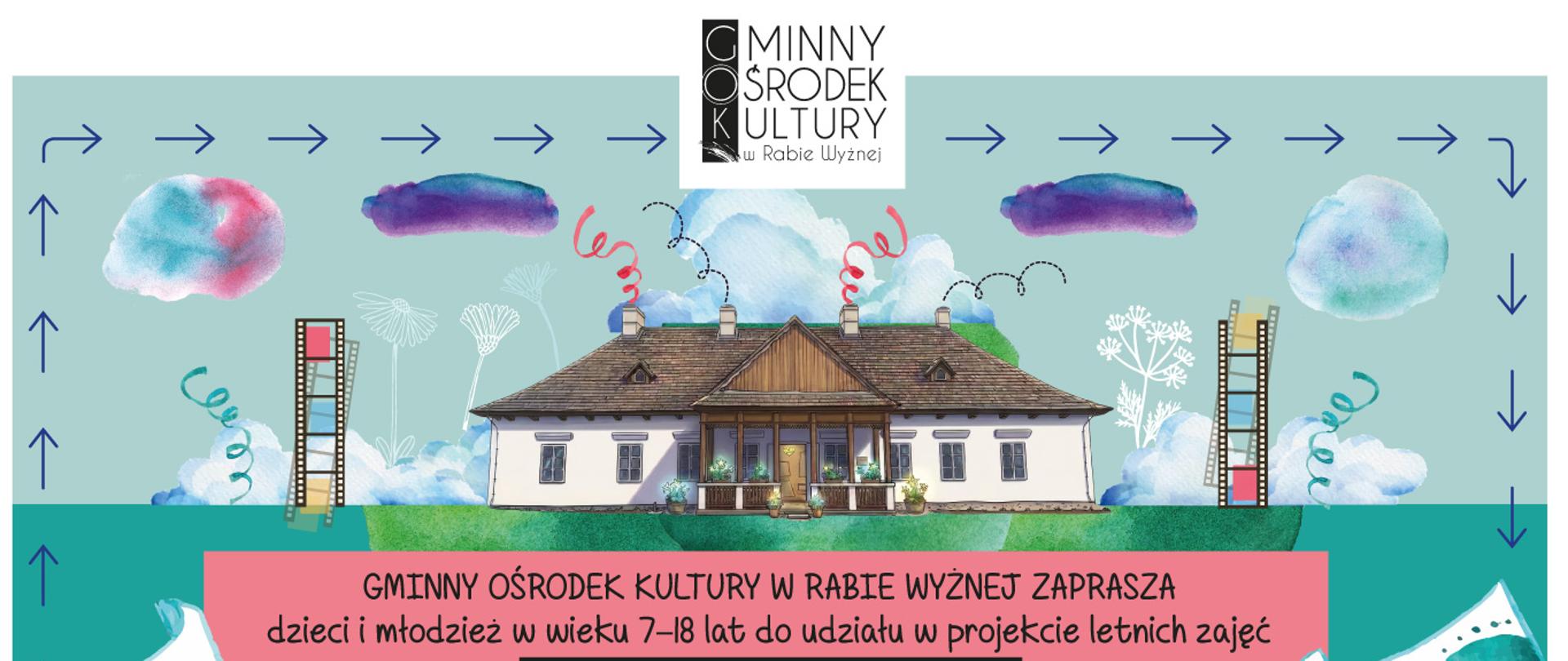 Kolorowy plakat promujący letnie zajęcia dla dzieci i młodzieży. W centralnej części znajduje się ilustracja zabytkowego dworu otoczonego chmurami i dekoracyjnymi elementami przypominającymi akwarelowe plamy. Po bokach widoczne są dwie teatralne maski, a całość utrzymana jest w turkusowo-różowej kolorystyce. Wokół plakatu biegnie ozdobna ramka ze strzałek.
Poniżej głównego tytułu rozmieszczono dwa duże bloki z programem wydarzeń. Poszczególne sekcje dotyczą zajęć związanych z przyrodą i zielarstwem, rysunkiem, tworzeniem drewnianych zabawek, filmem oraz teatrem. Na dole znajduje się informacja o finale projektu wraz z miejscem na zapisy. W stopce umieszczono logotypy instytucji i partnerów wspierających wydarzenie.