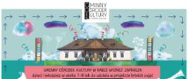 Kolorowy plakat promujący letnie zajęcia dla dzieci i młodzieży. W centralnej części znajduje się ilustracja zabytkowego dworu otoczonego chmurami i dekoracyjnymi elementami przypominającymi akwarelowe plamy. Po bokach widoczne są dwie teatralne maski, a całość utrzymana jest w turkusowo-różowej kolorystyce. Wokół plakatu biegnie ozdobna ramka ze strzałek.
Poniżej głównego tytułu rozmieszczono dwa duże bloki z programem wydarzeń. Poszczególne sekcje dotyczą zajęć związanych z przyrodą i zielarstwem, rysunkiem, tworzeniem drewnianych zabawek, filmem oraz teatrem. Na dole znajduje się informacja o finale projektu wraz z miejscem na zapisy. W stopce umieszczono logotypy instytucji i partnerów wspierających wydarzenie.