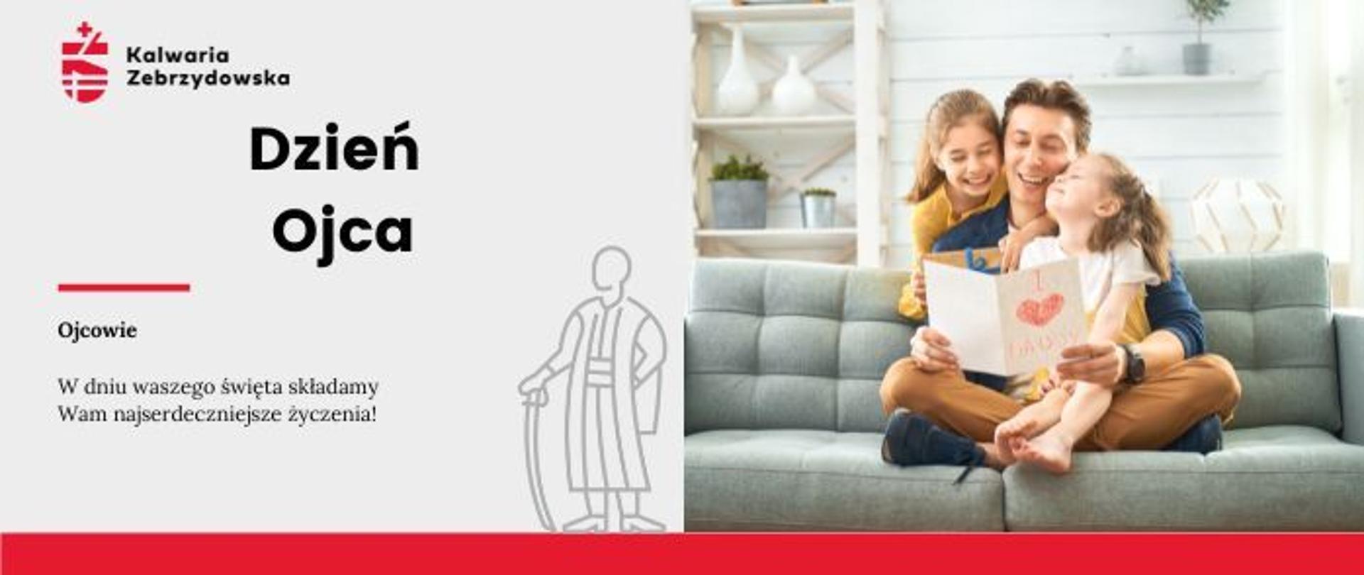 Plansza z życzeniami na Dzień Ojca, po lewej tekst po prawej fotografia siedzącego mężczyzny z dwójką dzieci