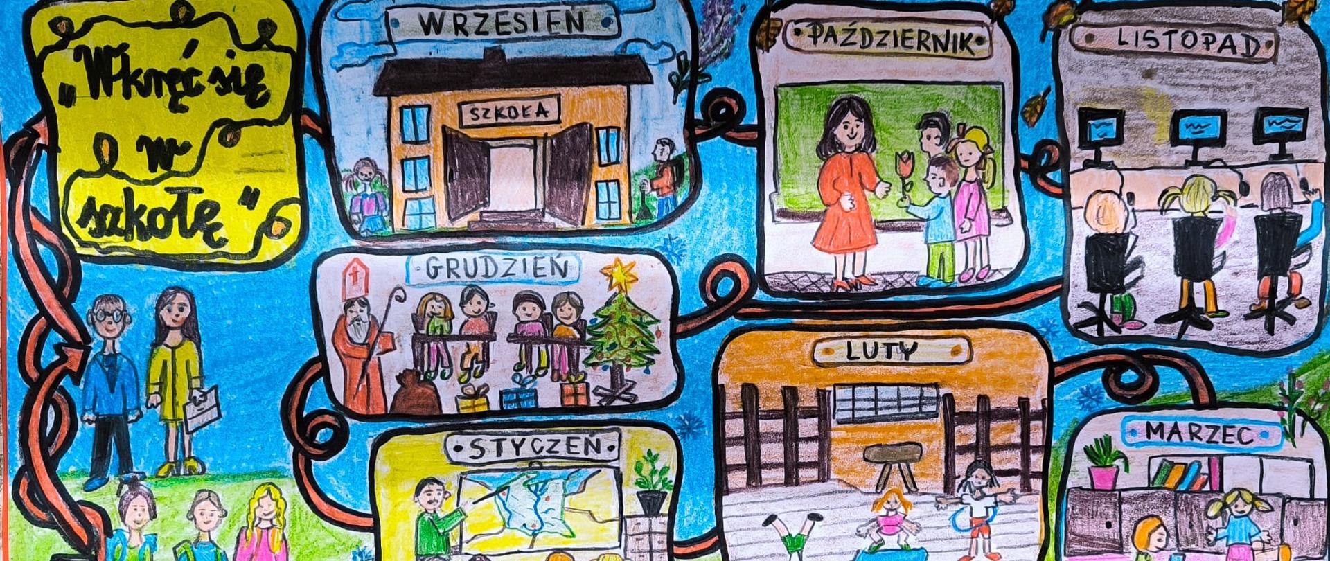 Praca Oliwii Biel, kredkami narysowane wydarzenia z każdego miesiąca w szkole w Harkabuzie.