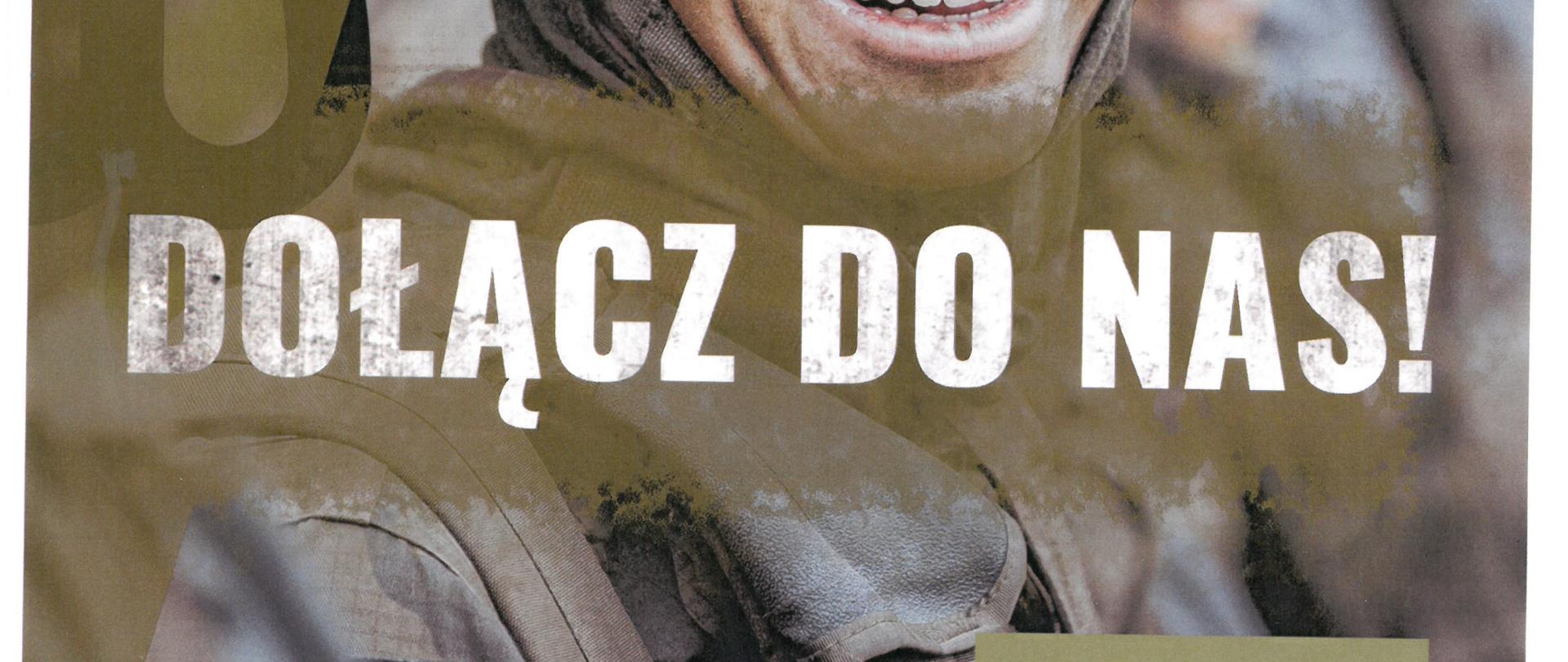 Uśmiechnięty żołnierz w hełmie. Nad nim znaczek z orłem w koronie oraz logo 5MBOT. Dołącz do nas! Wstąp w nasze szeregi.
