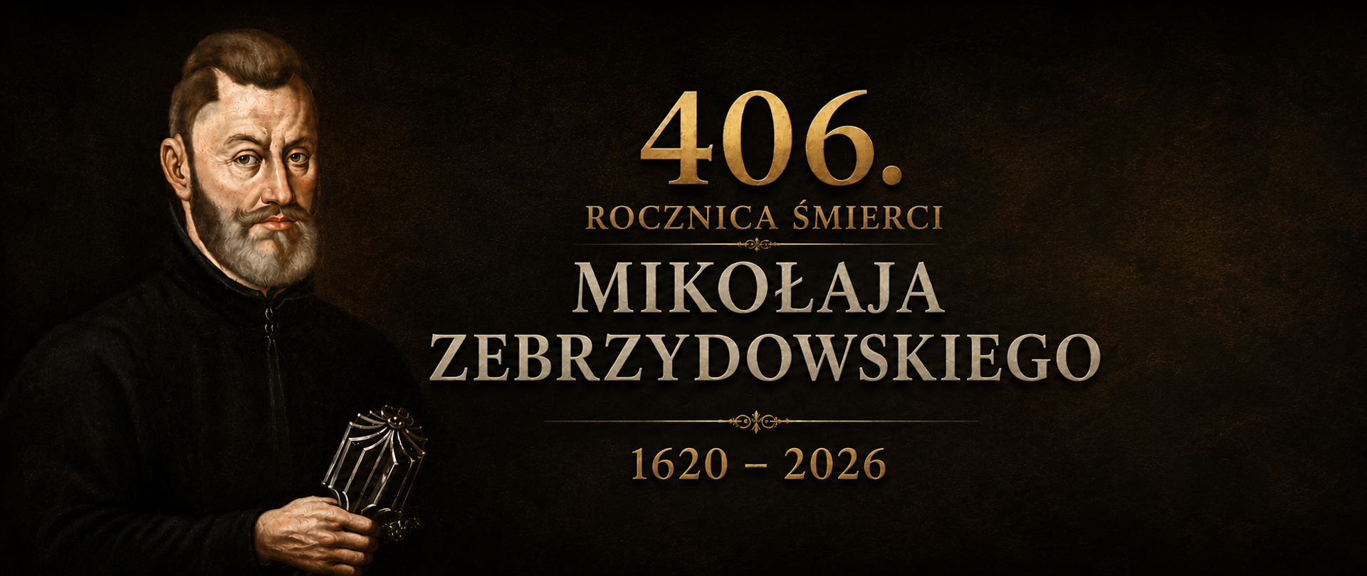 Grafika upamiętniająca 406. rocznicę śmierci Mikołaja Zebrzydowskiego. Po lewej stronie znajduje się stylizowany portret Mikołaja Zebrzydowskiego w ciemnym stroju, trzymającego w dłoni ozdobny przedmiot. Na ciemnym, eleganckim tle pośrodku umieszczono złoty napis: „406. Rocznica Śmierci Mikołaja Zebrzydowskiego”, a poniżej daty „1620–2026”. Kompozycja utrzymana jest w podniosłej, historycznej stylistyce z wykorzystaniem złotych i brązowych akcentów.