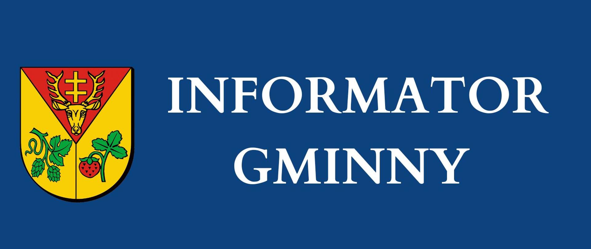 Na granatowym tle biały napis informator gminny z lewej strony herb gminy 