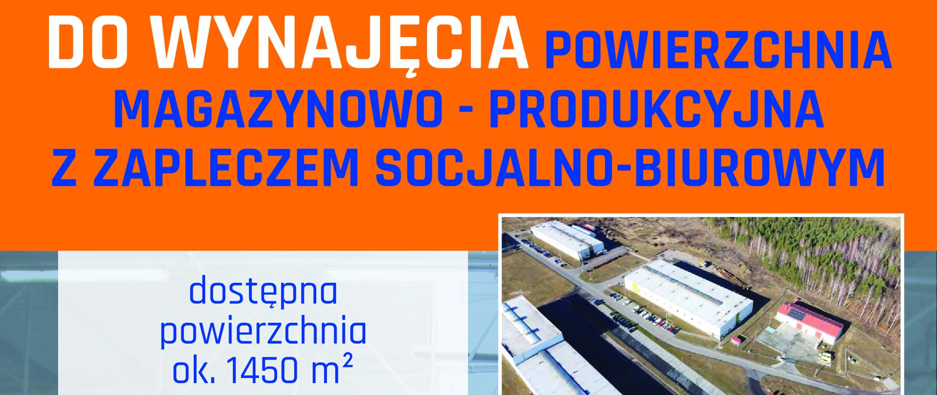 Plakat z wklejonymi zdjęciami hali magazynowej. Plakat w kolorach pomarańczowo niebieskich. 