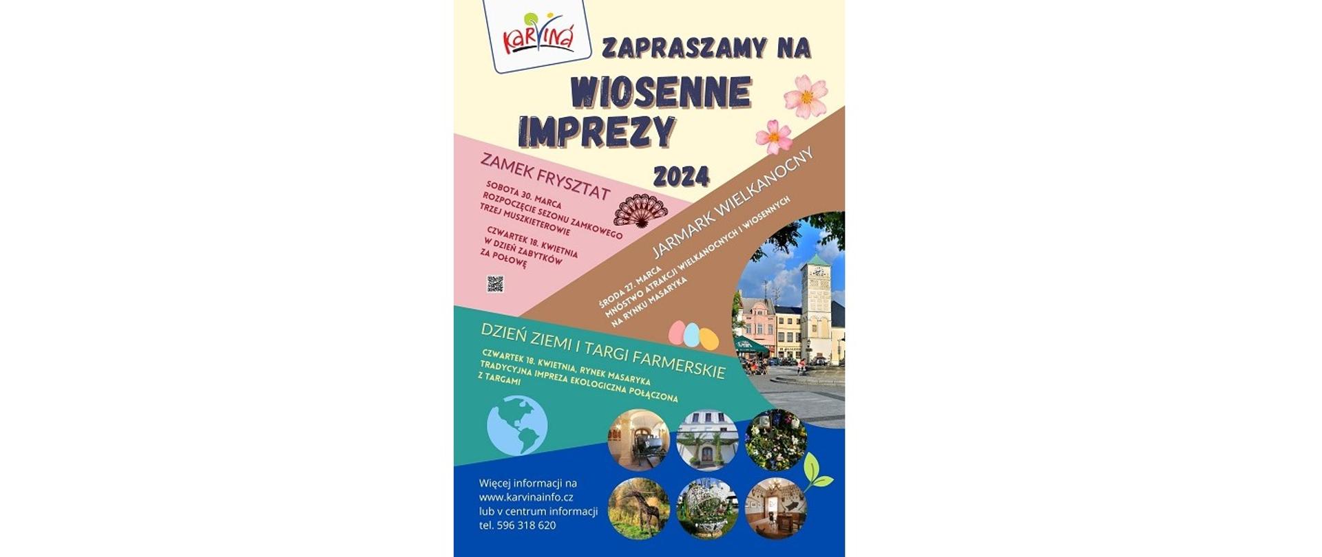 Imprezy kulturalne, które odbędą się wiosną 2024 roku w Karwinie: Jarmark Wielkanocny, środa 27 marca, Zamek Frysztat, sobota 30 marca, rozpoczęcie sezonu zamkowego, Dzień Ziemi i Targi Farmerskie, czwartek 18 kwietnia, Rynek Masaryka