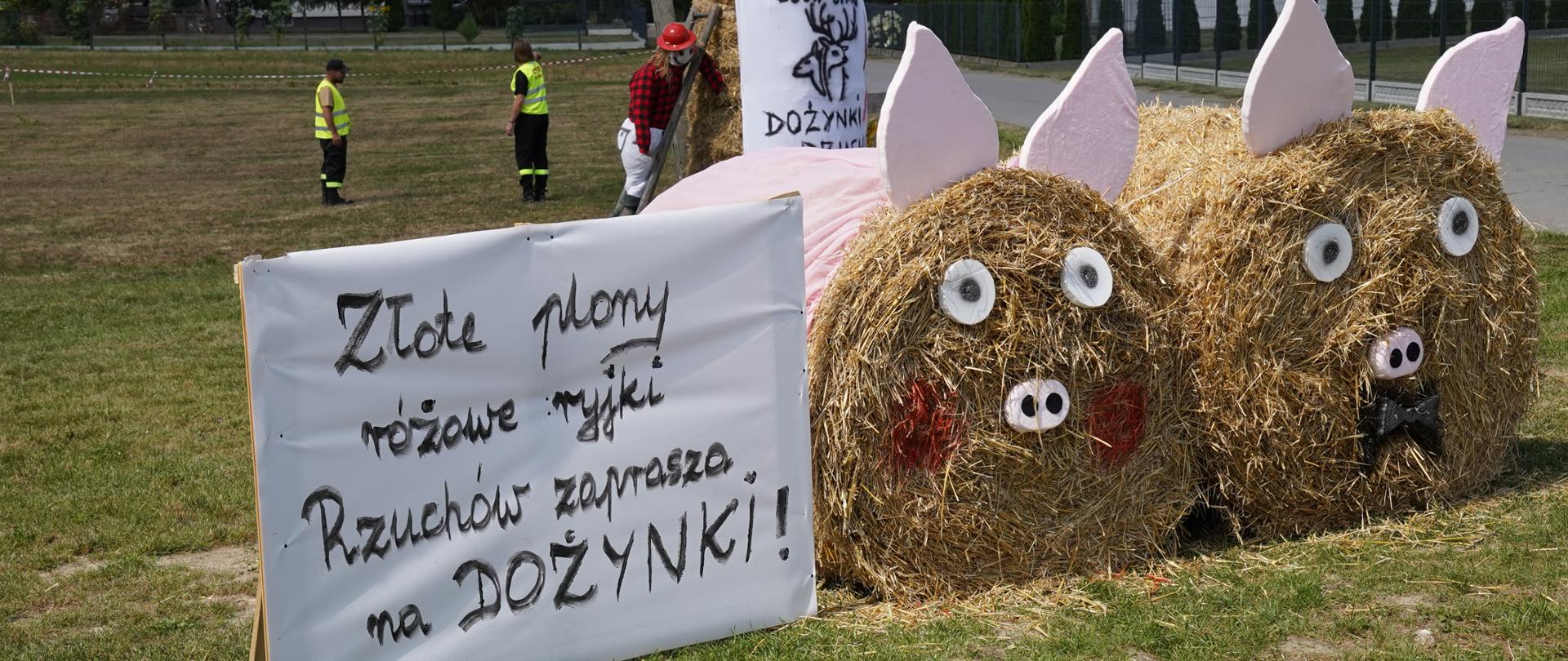 Zdjęcie przedstawia bale słomy. Obok napis : Złote plony różowe ryjki Rzuchów zaprasza na Dożynki 