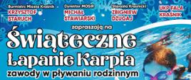 Na niebieskim tle znajduje się następująca treść: Burmistrz Miasta Kraśnik Krzysztof Staruch, Dyrektor Miejskiego Ośrodka Sportu i Rekreacji w Kraśniku Michał Stawiarski, Starosta Kraśnicki Zbigniew Dżugaj, Uczniowski Klub Pływacki "Fala" w Kraśniku zapraszają na Świąteczne Łapanie Karpia - zawody w pływaniu rodzinnym.