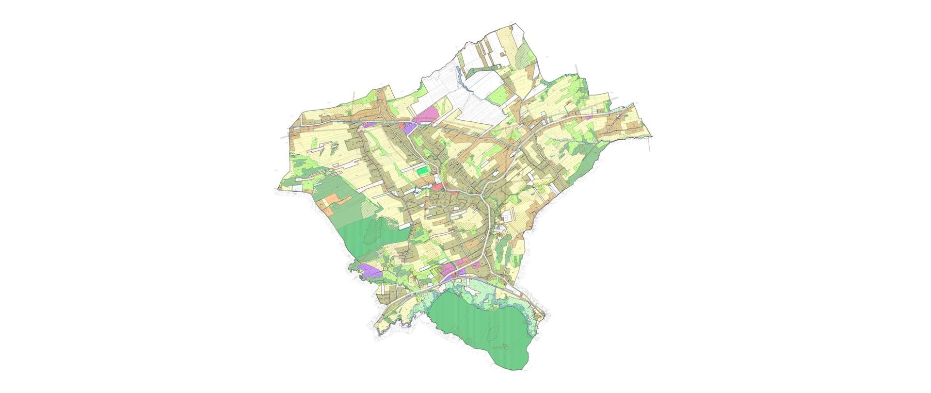 Poglądowa miniatura mapy miejscowości z podziałem na poszczególne obszary zagospodarowania przestrzennego