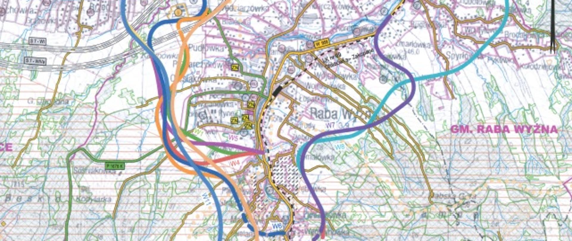 Mapa przedstawiająca dwa nowe warianty obwodnicy Raby Wyżnej
