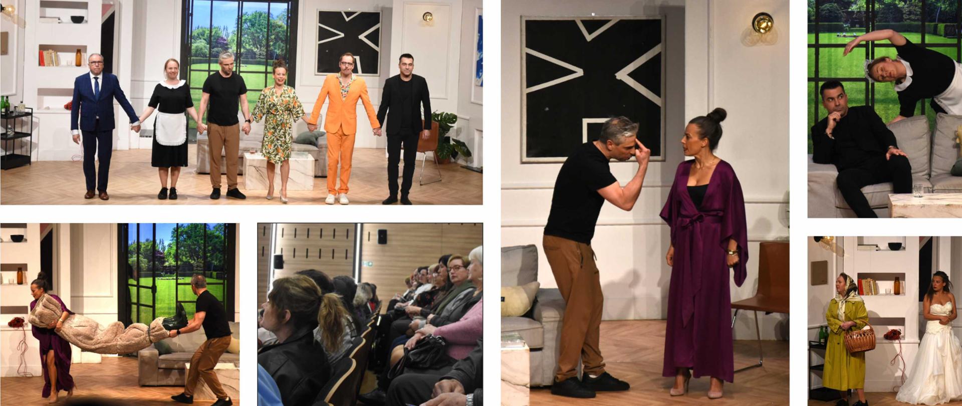 Połączone kilka zdjęć z wizyty w teatrze. Na zdjęciach znajdują się ujęcia z różnych scen spektaklu, oraz zdjęcie publiczności.