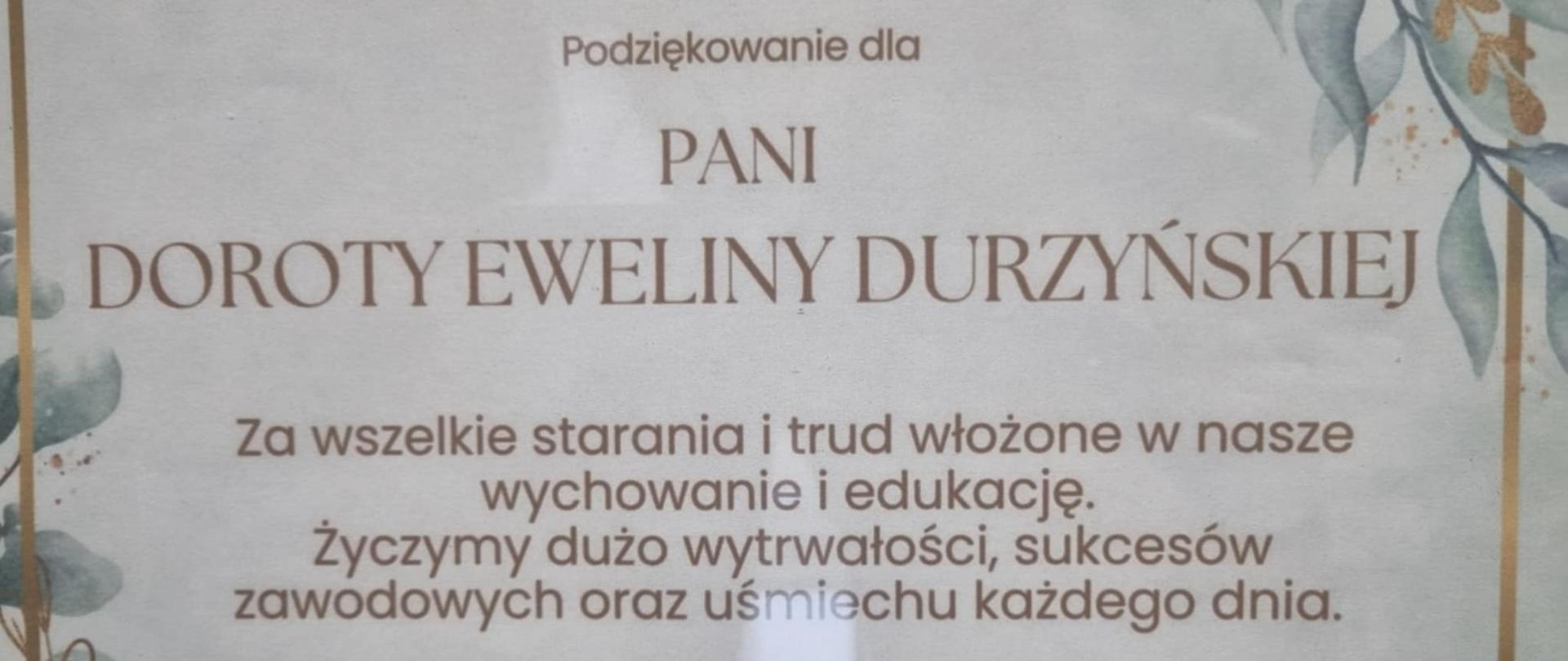 Podziękowania dla Dyrektor Doroty Eweliny Durzyńskiej