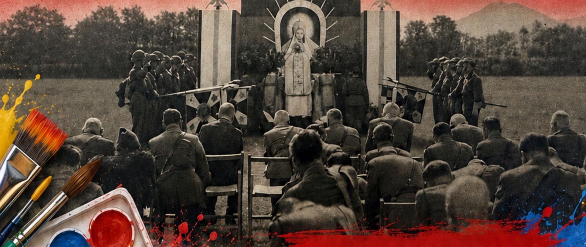 Plakat konkursu plastycznego „W służbie Bogu i Ojczyźnie – życie religijne żołnierzy 24. Pułku Ułanów”. Tło plakatu stanowi biało-czerwona flaga, na której umieszczono historyczne, czarno-białe zdjęcie przedstawiające żołnierzy zgromadzonych na polowej mszy świętej przed ołtarzem. Po lewej stronie widoczne są pędzle i akwarele, po prawej kolorowe kredki świecowe. Na plakacie znajdują się logotypy oraz nazwiska organizatorów z Kraśnika. Termin składania prac to 5 czerwca 2026 roku. Konkurs skierowany jest do dzieci i młodzieży w wieku 4-18 lat.