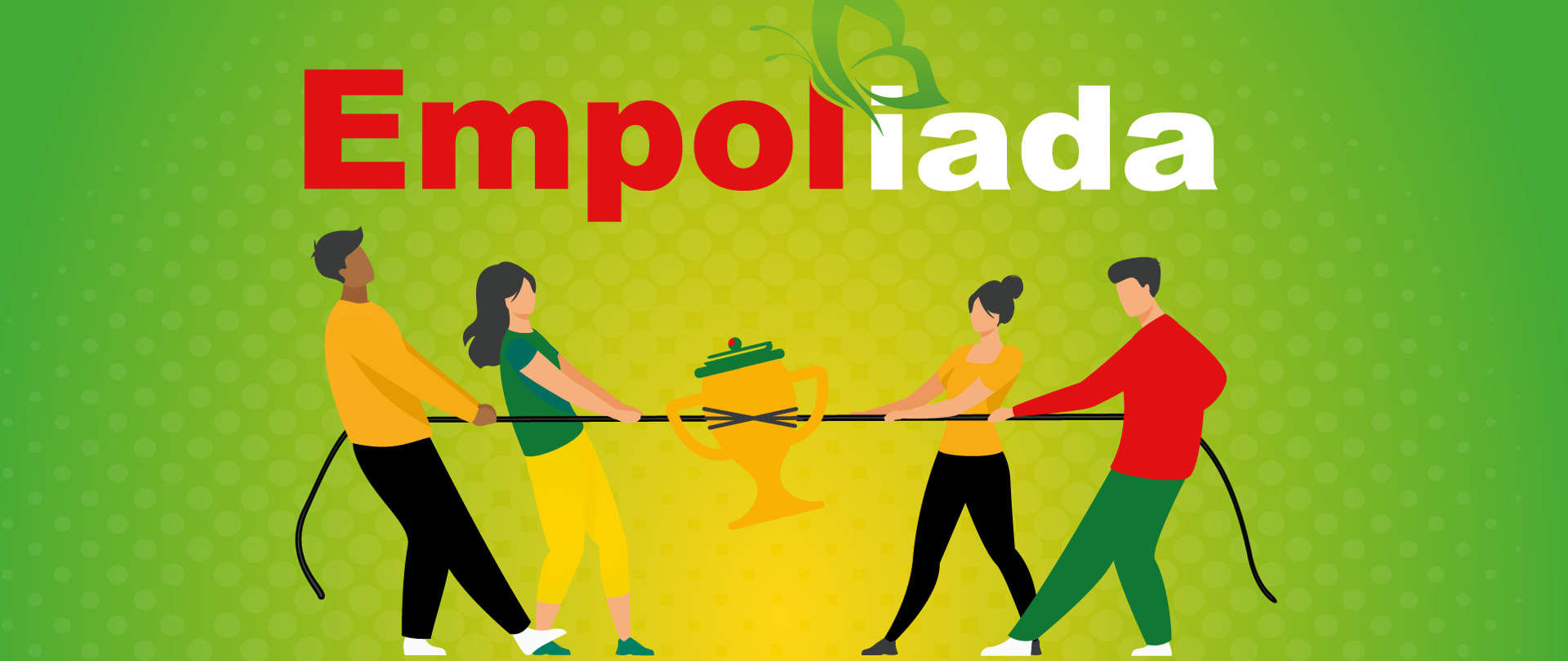 Baner – na zielonym tle napis Empoliada, poniżej grafika przedstawiająca dwie pary młodych ludzi przeciągające linę, na środku której przewiązany jest złoty puchar