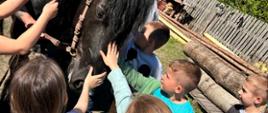 Dzieci głaszczą konia