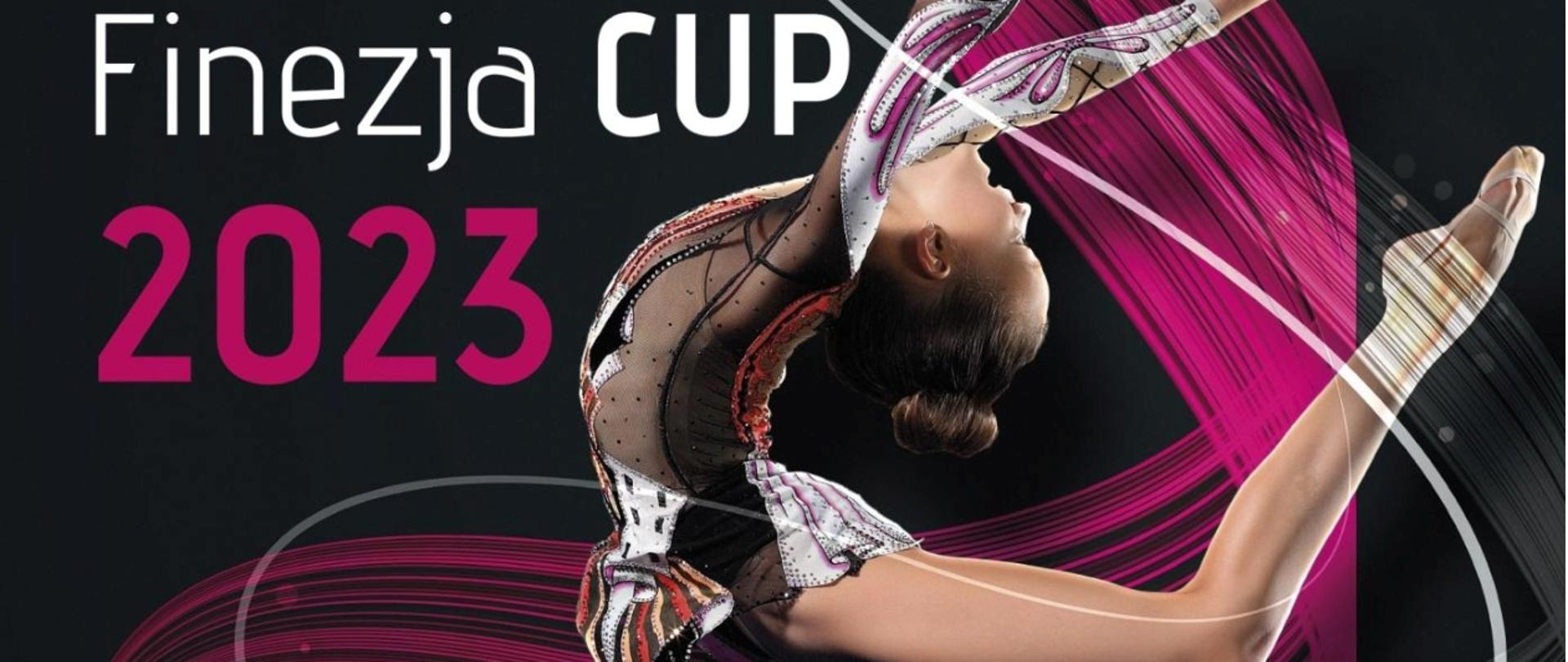 Plakat FINEZJA CUP. Kobieta w podskoku przybiera artystyczną pozę.