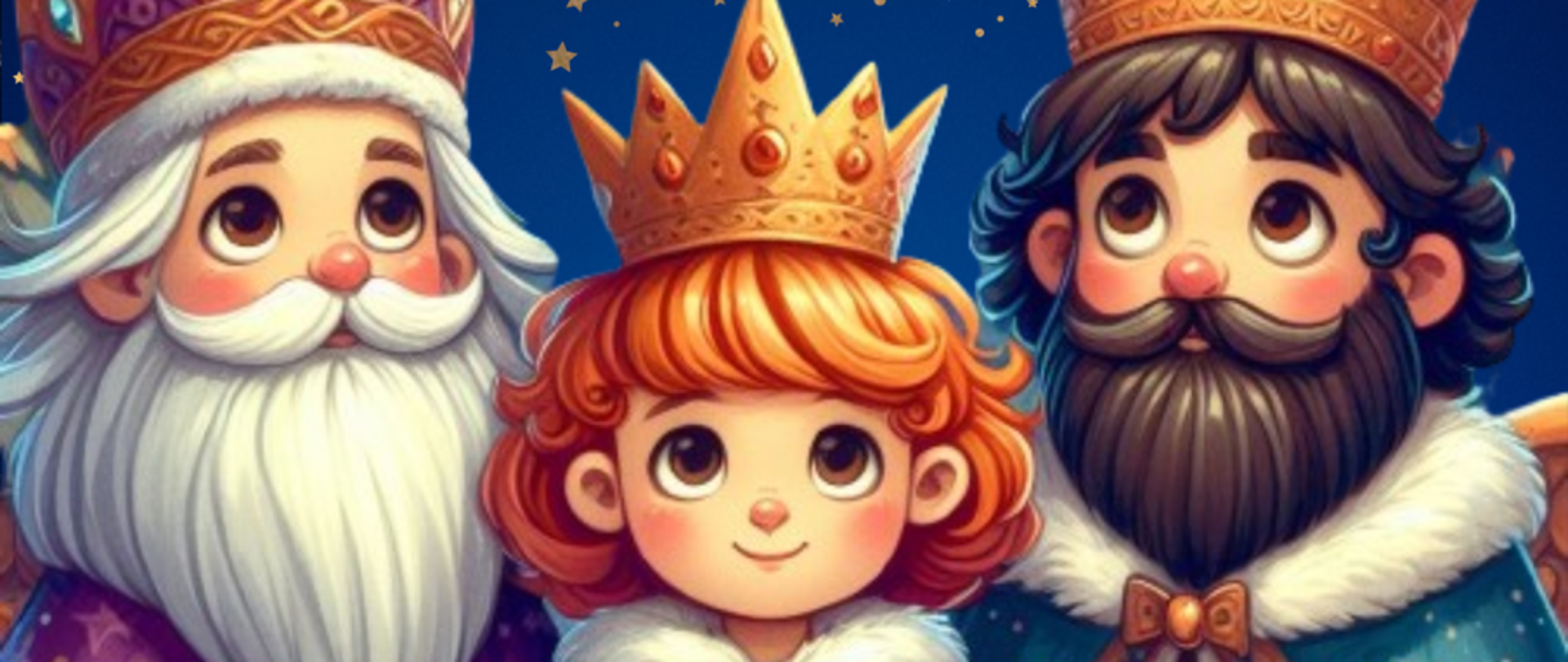 Plakat wydarzenia – kolorowa grafika przedstawiająca trzy postacie w płaszczach i złotych koronach na głowach