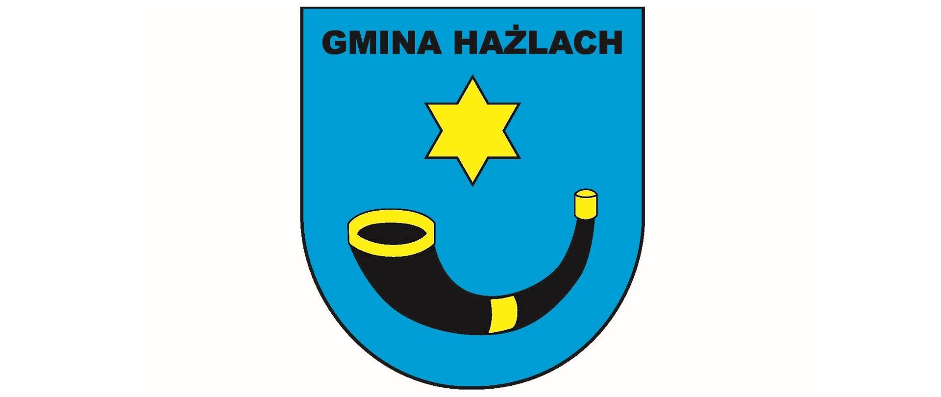 Na niebieskim polu złota gwiazda sześciopromienna, poniżej czarny róg myśliwski ze złotymi okuciami 