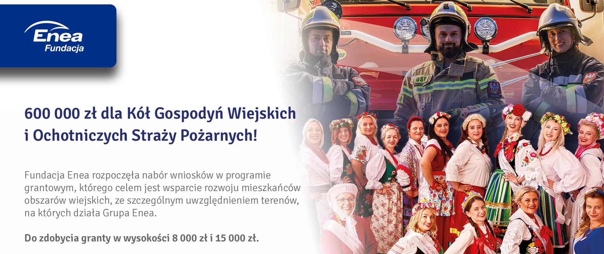 Zdjęcie Pań w strojach ludowych oraz informacja dotycząca grantów dla Ochotniczych Staż Pożarnych oraz Kół Gospodyń Wiejskich