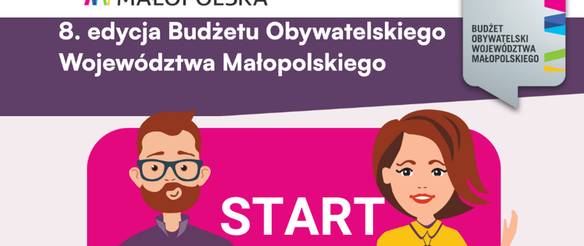 8. edycja Budżetu Obywatelskiego Województwa Małopolskiego - grafika z dwoma postaciami mężczyzna od lewej z koszulką polo z napisem 16 mln złotych w ręku trzyma arkusz papieru z napisem głosuj a po prawej kobieta z katreczką z napisem głosuj. dominują barwy różowa, fiolet i żółć.