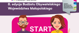 8. edycja Budżetu Obywatelskiego Województwa Małopolskiego - grafika z dwoma postaciami mężczyzna od lewej z koszulką polo z napisem 16 mln złotych w ręku trzyma arkusz papieru z napisem głosuj a po prawej kobieta z katreczką z napisem głosuj. dominują barwy różowa, fiolet i żółć.