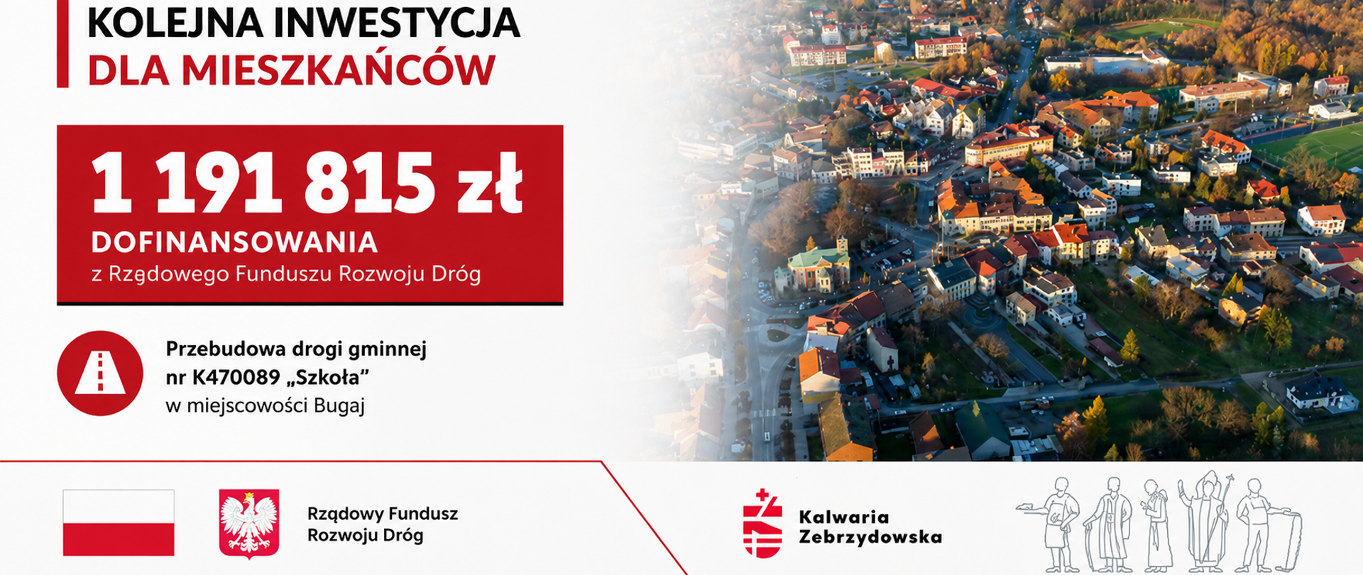 Grafika promująca dofinansowanie dla Gminy Kalwaria Zebrzydowska na przebudowę drogi gminnej nr K470089 „Szkoła” w miejscowości Bugaj. Po lewej stronie znajduje się biało-czerwona część informacyjna z dużym napisem „Kolejna inwestycja dla mieszkańców” oraz wyróżnioną kwotą dofinansowania 1 191 815 zł z Rządowego Funduszu Rozwoju Dróg. Poniżej umieszczono ikonę drogową i opis inwestycji. Po prawej stronie widoczne jest lotnicze zdjęcie zabudowy miejskiej i okolic Kalwarii Zebrzydowskiej. Na dole znajdują się logotypy Rządowego Funduszu Rozwoju Dróg oraz Gminy Kalwaria Zebrzydowska.
