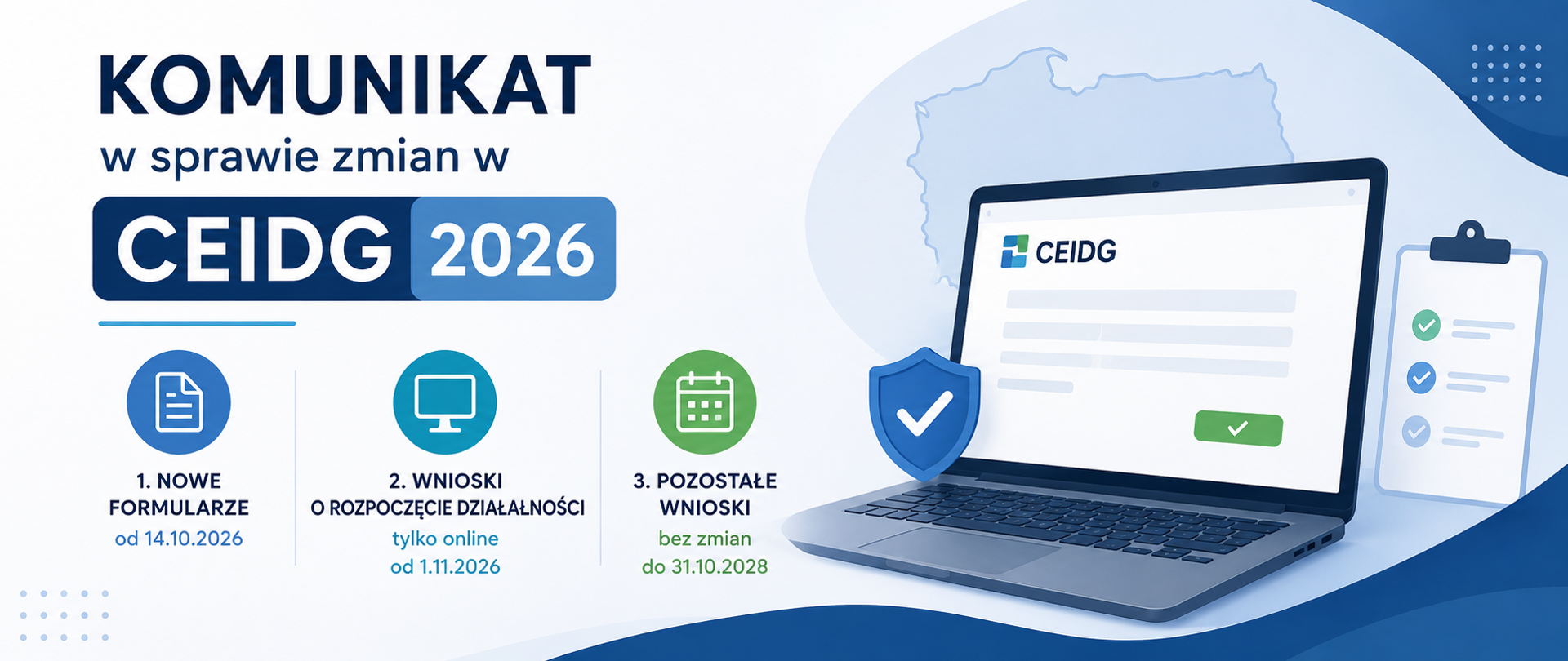 Grafika informacyjna dotycząca zmian w CEIDG w 2026 roku. Przedstawia trzy najważniejsze informacje: nowe formularze od 14 października 2026 roku, składanie wniosków o rozpoczęcie działalności wyłącznie online od 1 listopada 2026 roku oraz możliwość składania pozostałych wniosków na dotychczasowych zasadach do 31 października 2028 roku. Po prawej stronie widoczny jest laptop z formularzem CEIDG.