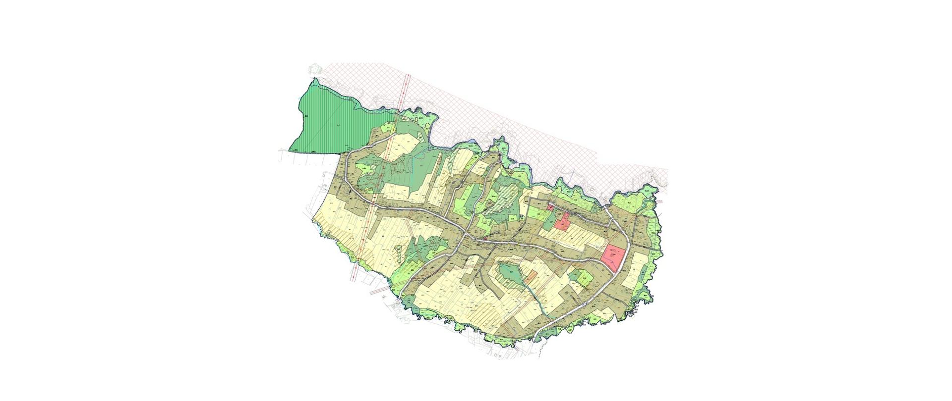 Poglądowa miniatura mapy miejscowości z podziałem na poszczególne obszary zagospodarowania przestrzennego