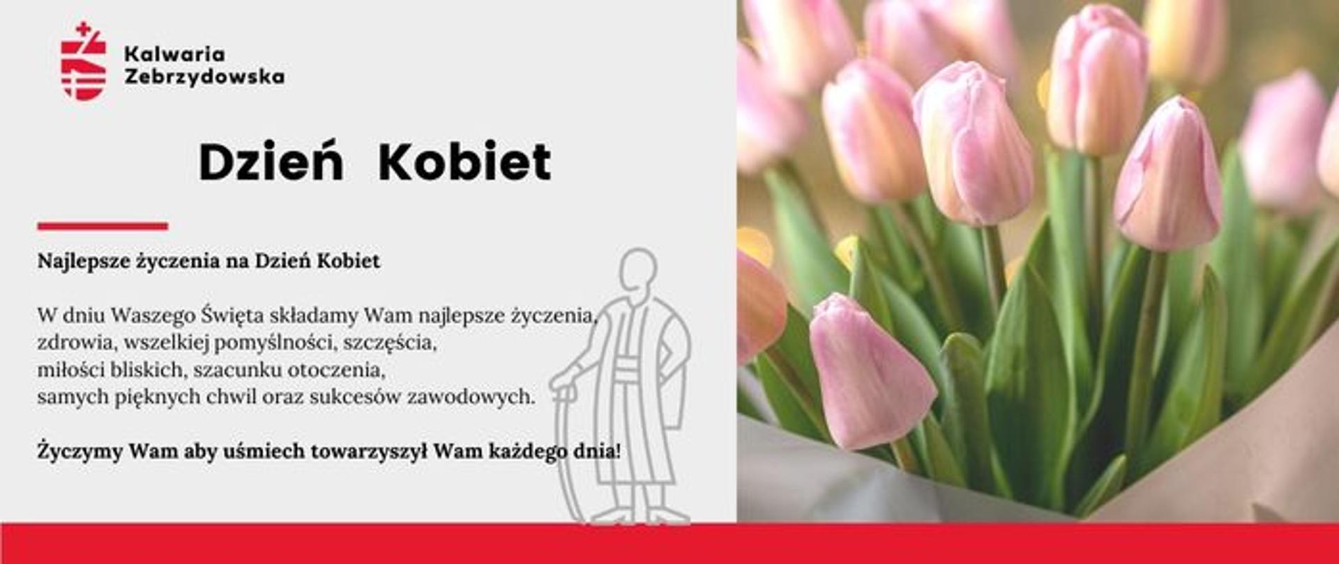 Ilustracja - Dzień Kobiet, po prawej bukiet tulipanów , po lewej tekst z życzeniami. 