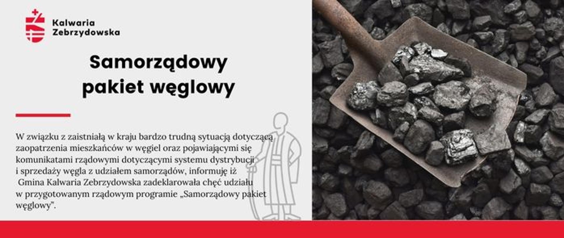 Plansza informacyjna, po prawej węgiel na łopacie, po lewej tekst informacyjny. 