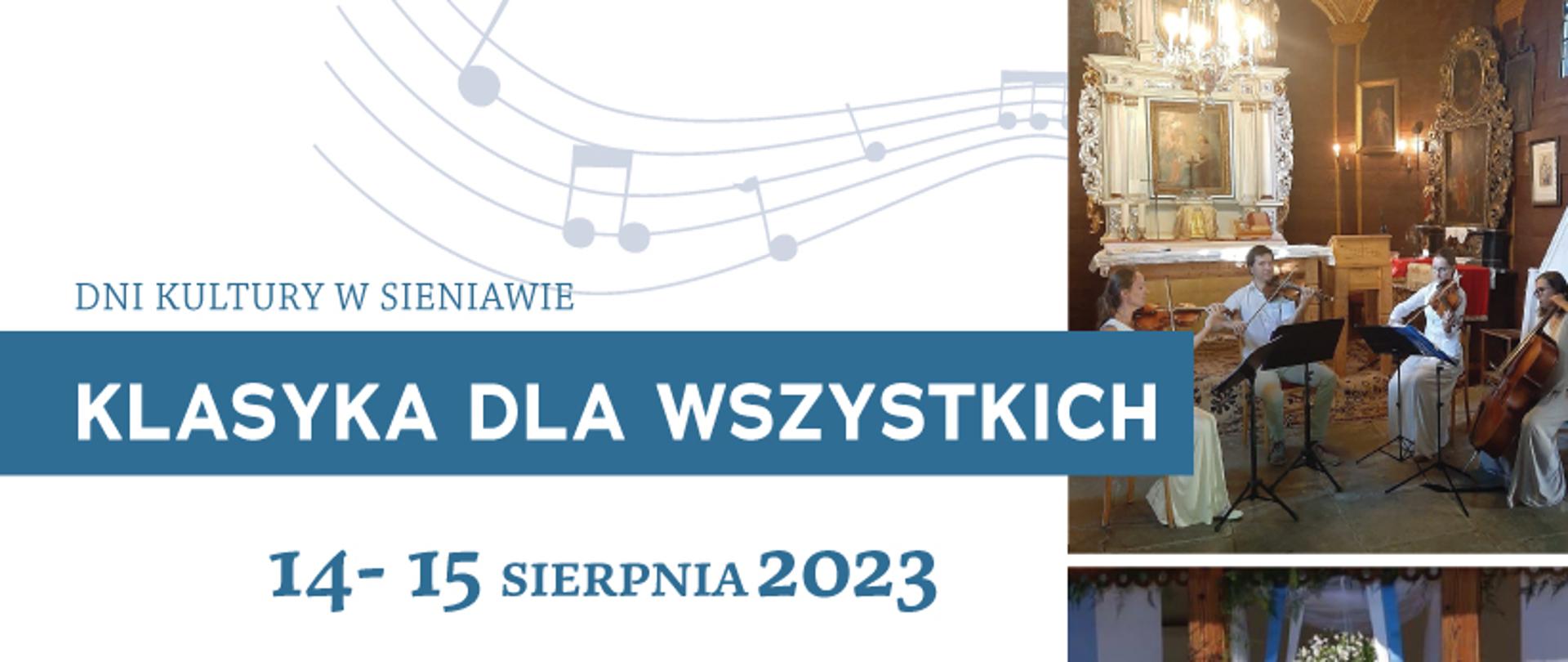 
14 SIERPNIA - DZIEDZINIEC SIENIAWIAŃSKIEGO DWORU
15.00 - WARSZTATY TANECZNE PROWADZONE
17.00 PRZEZ TAŃCERKĘ TAŃCA BALETOWEGO GALINĘ KOVAL
18.00 POWITANIE PIELGRZYMÓW I WŁĄCZENIE SIĘ
DO V PIESZEJ PIELGRZYMIKI UDAJĄCEJ SIĘ DO LUDZMIERZA
15 SIEPNIA - ZABYTKOWY ZESPÓŁ PARKOWO- DWORSKI W SIENIAWIE - DZIEDZINIEC
15.00 ROZPOCZĘCIE I PREZENTACJA GALINY KOVAL
15.30 WARSZTATY TAŃCA KLASYCZNEGO
16.00 POKAZ UMIEJĘTNOŚCI BALETOWYCH
WERONIKI WOJTOWICZ 12 LAT
16.15 KONKURS TECHNIKI TANECZNEJ
16.30 KOROWÓD DZIECI I MŁODZIEŻY W RYTMIE POLONEZA–WYSTĘP
I PREZENTACJA GALINY KOVAL WRAZ TANCERZAMI
16.45 WYSTĘP KWARTETU SMYCZKOWEGO ARCHI KRAKOWA
I ZESPOŁU WNIEBOGŁOSY
17.30 KOŚCIÓŁEK PWNSNMP W SIENIAWIE-KONCERT
AVE MARIA UWIELBIENIE MATKI BOŻEJ W MELODII I ŚPIEWIE
KWARTET SMYCZKOWY ARCHI ZKRAKOWA WRAZ Z
ZESPOŁEM WNIEBOGŁOSY POD KIEROWNICTWEM PANA
PIOTRA KOWALCZE GOŚCINNIE:
RENATA JOHNSON-WOJTOWICZ-SOPRAN
DZIEDZINIEC SIENIAWIAŃSKIEGO DWORU:
18.15 WYSTĘP KWARTETU SMYCZKOWEGO ARCHI
18.45 WYSTĘP ZESPOŁU WNIEBOGŁOSY Z CHABÓWKI
19.15 WYSTĘP KWARTETU SMYCZKOWEGO ARCHI
ORAZ ZESPOŁU WNIEBOGŁOSY
20.00 ZAKOŃCZENIE WALCEM BARBARY NOCE I DNIE
GOŚCINNIE RENATA JOHNSON-WOJTOWICZ-SOPRAN
WYDARZENIA TOWARZYSZĄCE:
WARSZTATY ROBIENIA WIANKÓW, BUKIETÓW, MALARSKIE
WARSZTATY EDUKACYNE, TANECZNE
