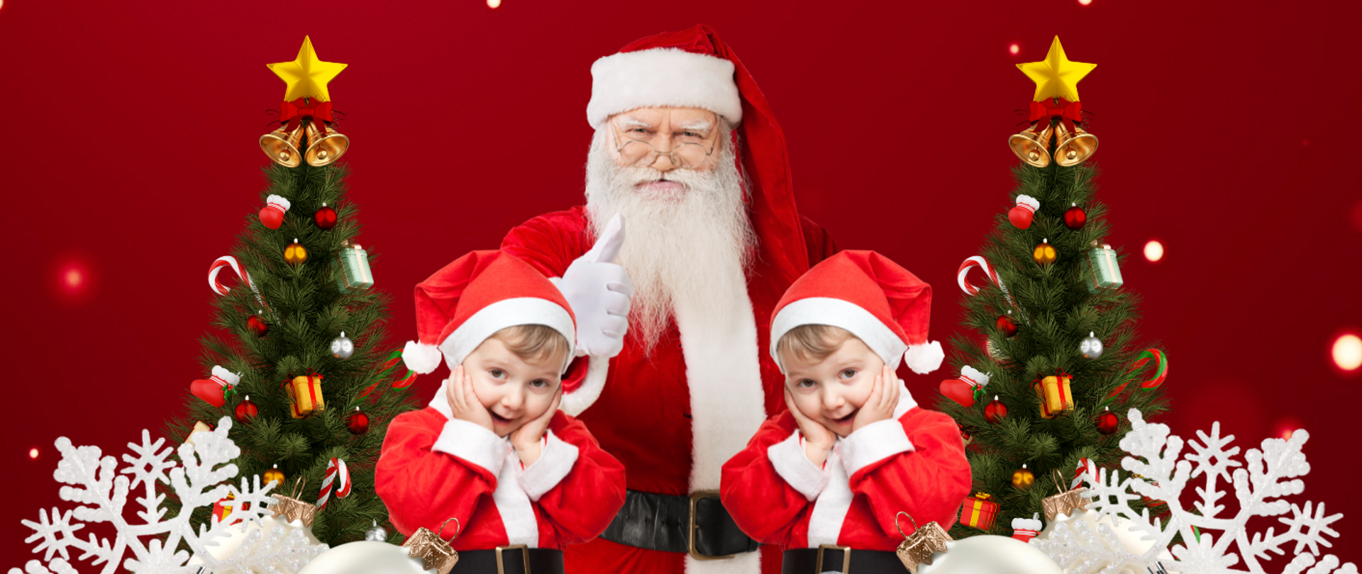 Plakat o czerwonym, świątecznym tle z białymi płatkami śniegu. U góry duży napis: „Burmistrz Miasta serdecznie zaprasza wszystkie Dzieci na spotkanie ze Świętym Mikołajem”. Poniżej lista atrakcji z ikonami prezentów: słodki upominek dla każdego dziecka, oficjalne rozświetlenie iluminacji świątecznych, akcja „kalwaryjski rynek pełen Mikołajów” z informacją, że dzieci w pełnym stroju Świętego Mikołaja otrzymają dodatkowy prezent, animatorzy oraz akompaniament muzyczny Parafialnej Orkiestry Dętej z Leńcz. Niżej biała belka z datą wydarzenia: „Sobota, 6 grudnia 2025, godz. 16:30”. Na dole grafiki Święty Mikołaj w otoczeniu dwóch dzieci przebranych za Mikołajów, obok udekorowanych choinek i świątecznych ozdób. Na samym dole widnieje logo Kalwarii Zebrzydowskiej.