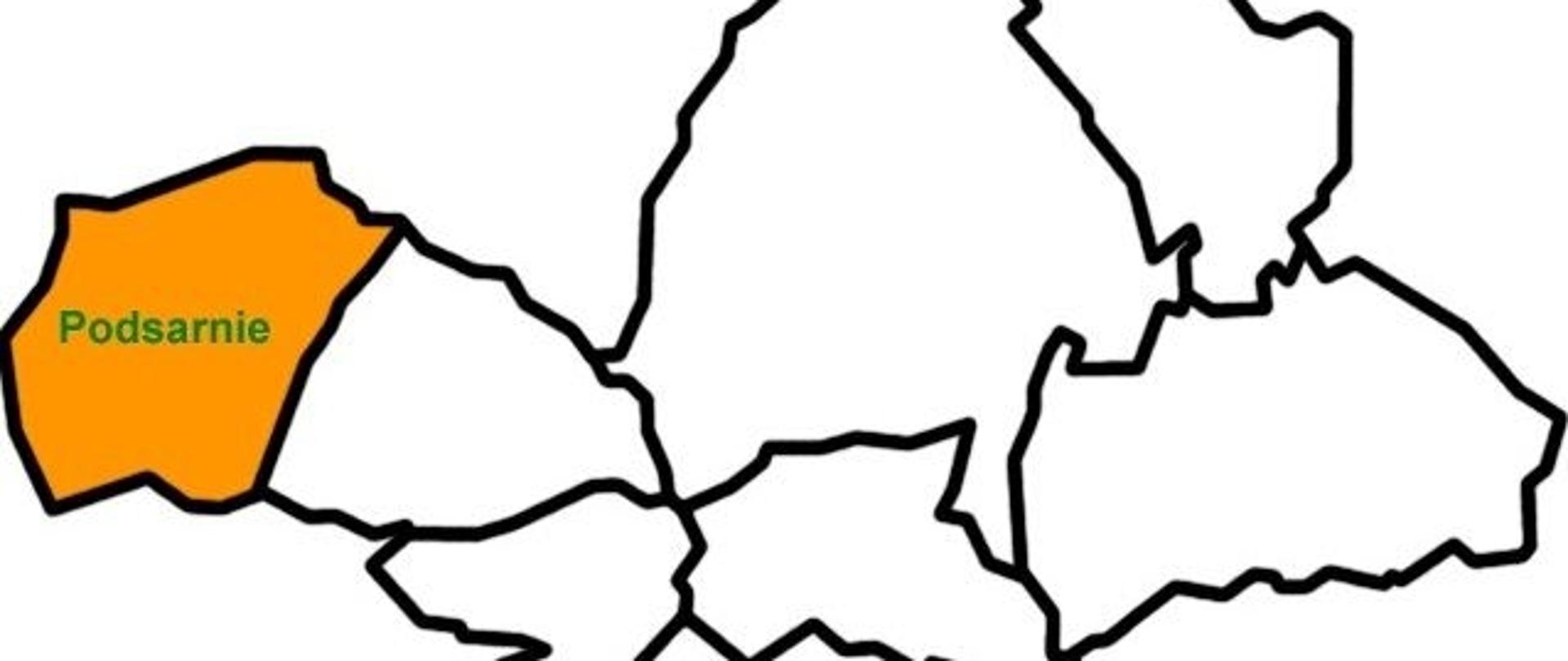 Zdjęcie przedstawia zarys gminy Raba Wyżna z zaznaczonym na kolor pomarańczowy Sołectwem Podsarnie