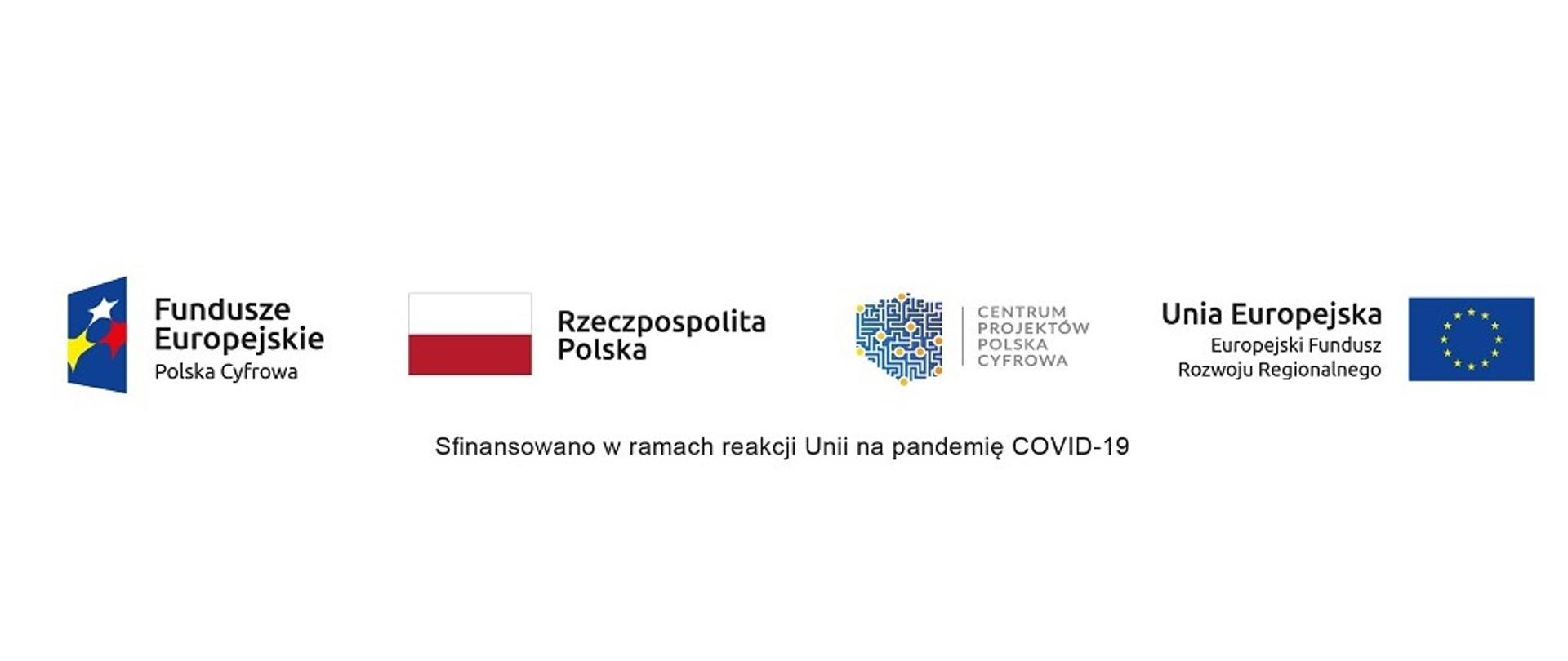 Granty PPGR. Loga: Fundusze Europejskie Polska Cyfrowa, Rzeczpospolita Polska, Centrum Projektów Polska Cyfrowa, Unia Europejska Europejski Fundusz Rozwoju Regionalnego. Napis: Sfinansowano w ramach reakcji Unii na pandemię COVID-19. 