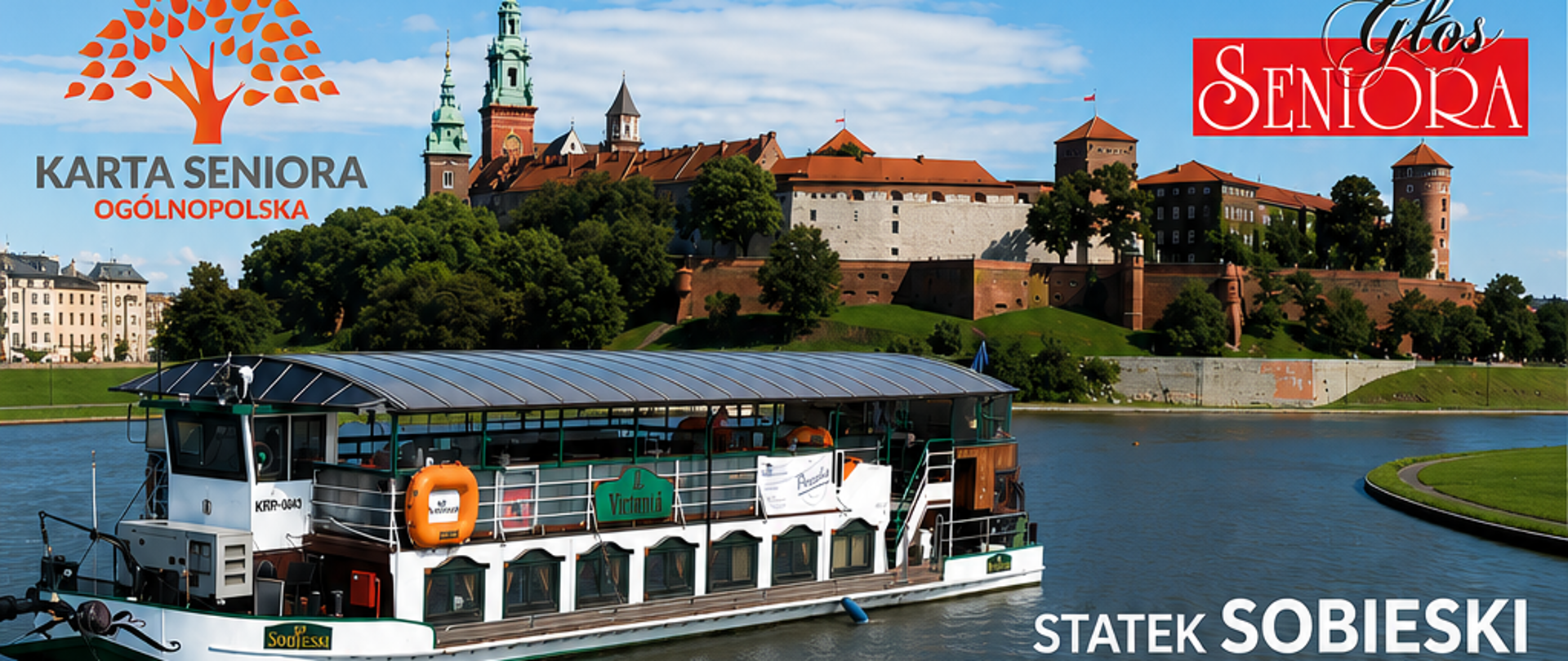 Plakat przedstawia statek na Wiśle z widokiem na Wawel oraz zdjęcie osób bawiących się na pokładzie. Na grafice znajdują się logotypy organizatorów i informacje o tanecznym rejsie, dacie, godzinach, miejscu spotkania oraz danych kontaktowych.