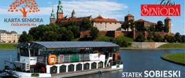 Plakat przedstawia statek na Wiśle z widokiem na Wawel oraz zdjęcie osób bawiących się na pokładzie. Na grafice znajdują się logotypy organizatorów i informacje o tanecznym rejsie, dacie, godzinach, miejscu spotkania oraz danych kontaktowych.