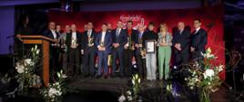 Zdjęcie przedstawia stojących na scenie odznaczonych przedsiębiorców oraz gospodarzy wydarzenia. Scena udekorowana została białymi kwiatami. W tle sceny znajduje się czerwona ścianka promocyjna Powiatu Kraśnickiego.