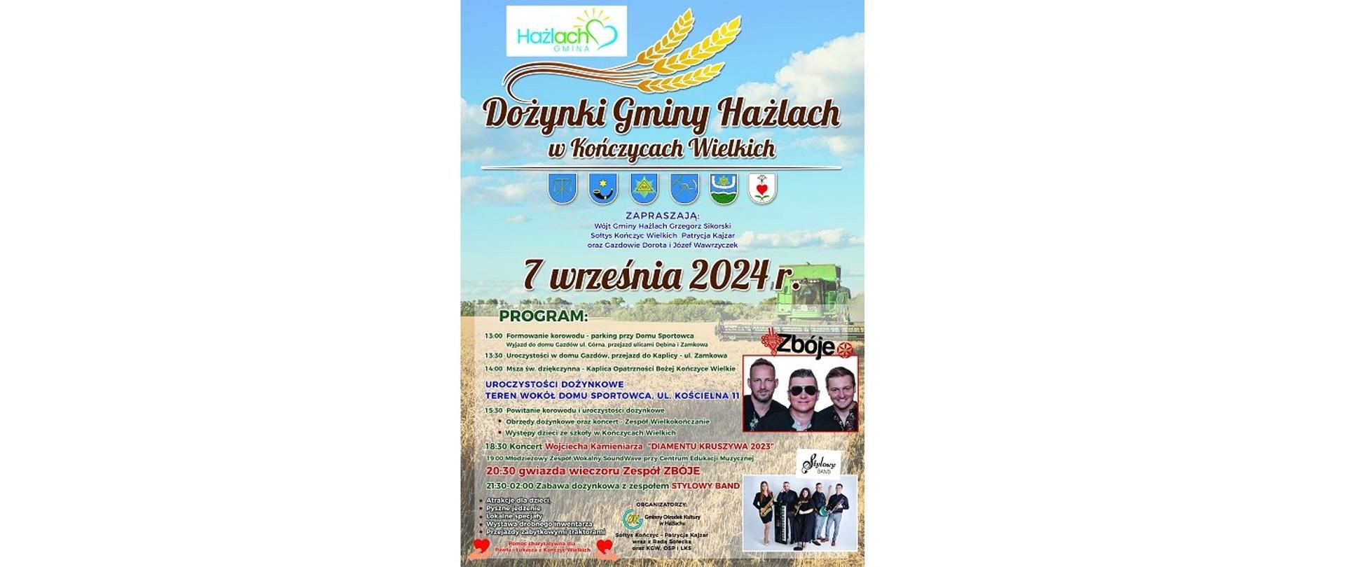 Plakat Dożynek Gminy Hażlach w Kończycach Wielkich. 7 września 2024 roku. Zapraszają: Wójt Gminy Grzegorz Sikorski, Sołtys Kończyc Wielkich Patrycja Kajzar oraz Gazdowie Dorota i Józef Wawrzyczek