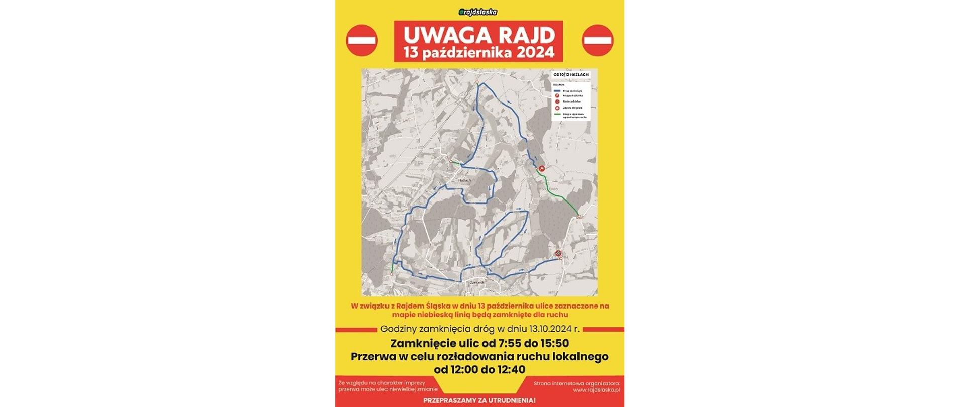 Plakat rajdu. Uwaga rajd 13 października 2024. W związku z Rajdem Śląska w dniu 13 października ulice zaznaczone na mapie niebieską linią będą zamknięte dla ruchu